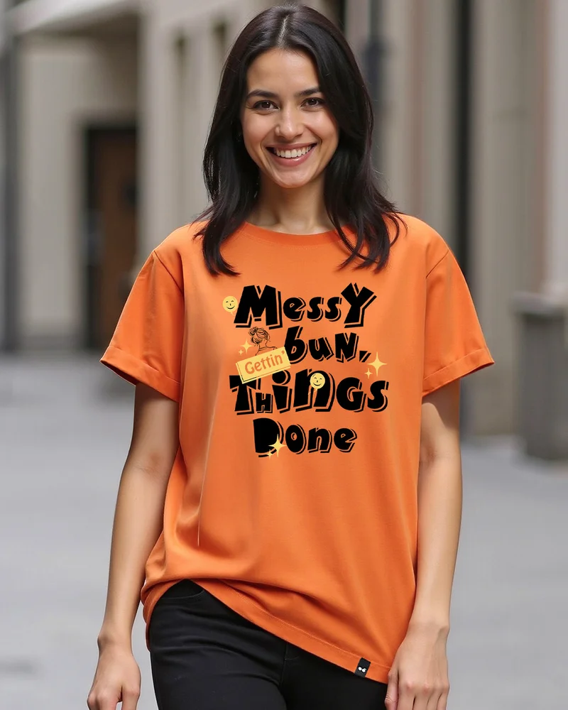 بيواكوف Women's Orange Messy Bun Typography Boyfriend T-shirt
